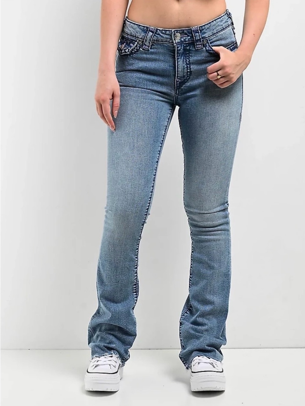 True Religion Becca Super T Stitch Water Dock Bootcut Jeans purple stitch sz 30 - Picture 2 of 11